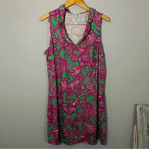 Crown & Ivy Pink Paisley Ruffle Jersey Knit Sleeveless Dress Size 1X - Picture 3 of 10
